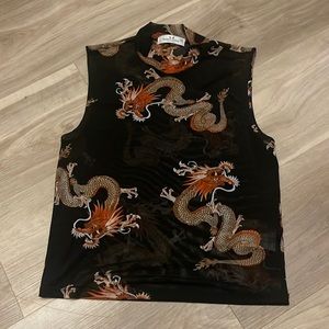 Mesh sleeveless mock neck dragon crop shirt size S